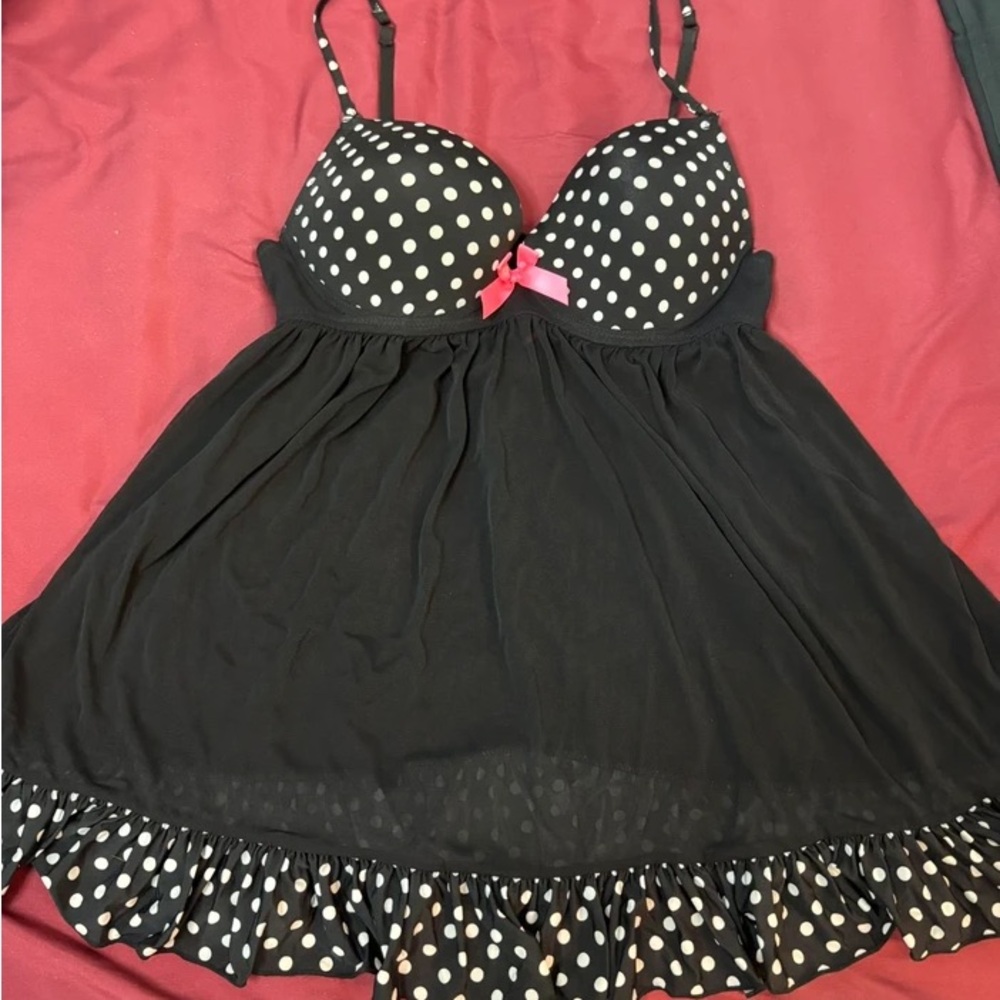 Black Polka Dot Babydoll Lingerie with Pink Bow